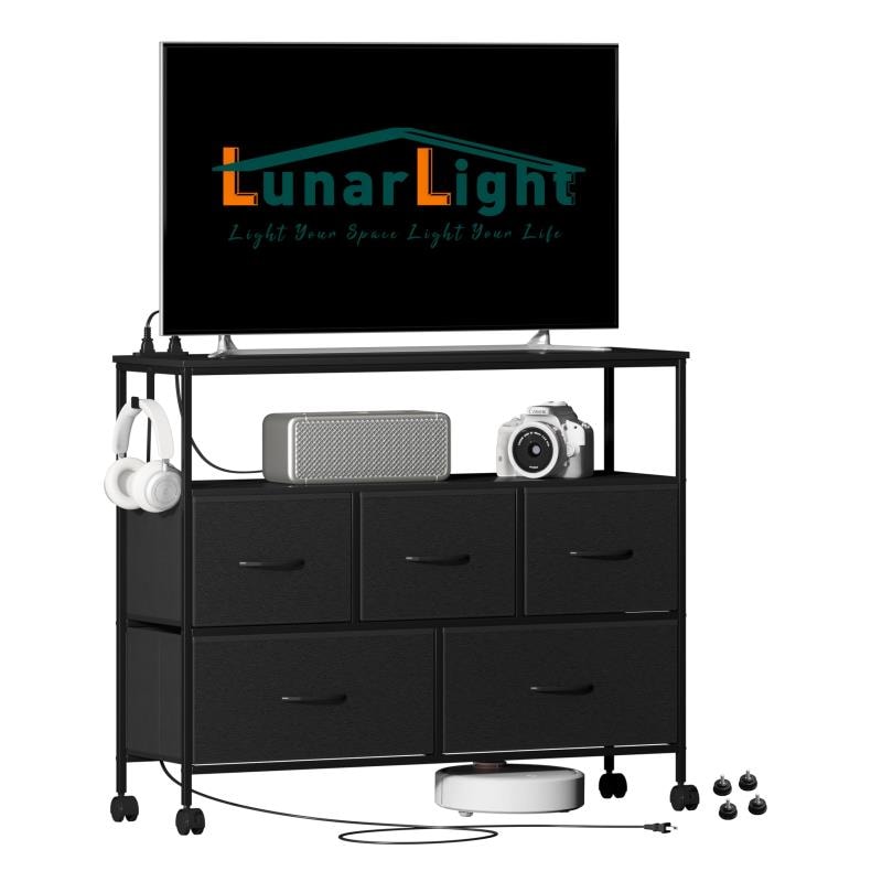 LunarLight チェスト タンス 幅100奥行30高さ78 収納チェスト 収納ケース 2口コンセント付き キャスター付き ストッパー付き 移動式と固定式2種類 テレビ台 頑丈 組立簡単 耐震転