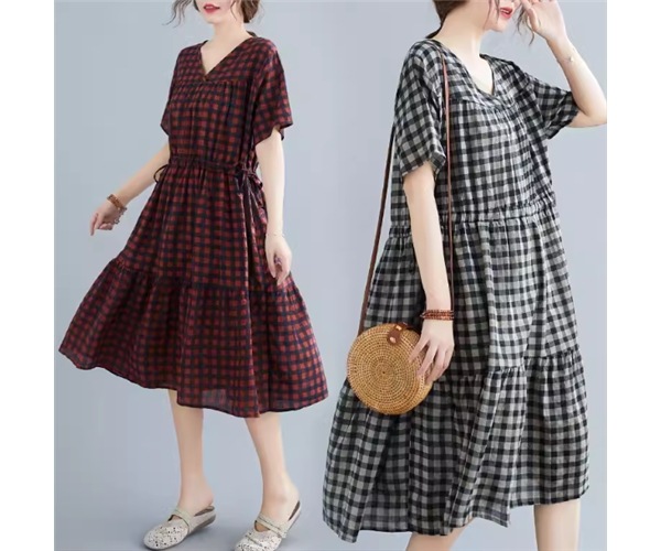 レディース ワンピース プルオーバー 膝丈 ミモレ 半袖 Vネック フリル ウエストゴム かわいい 大人可愛い シンプル カジュアル レトロ ラフ ガーリー ルーズ 存在感 キュート ナチュラル