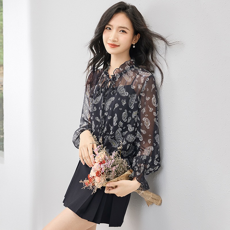 Jianfei 長袖花柄シフォンシャツ 2024 秋の新しいスタイルのサスペンダー付き女性用真菌トップ 56537