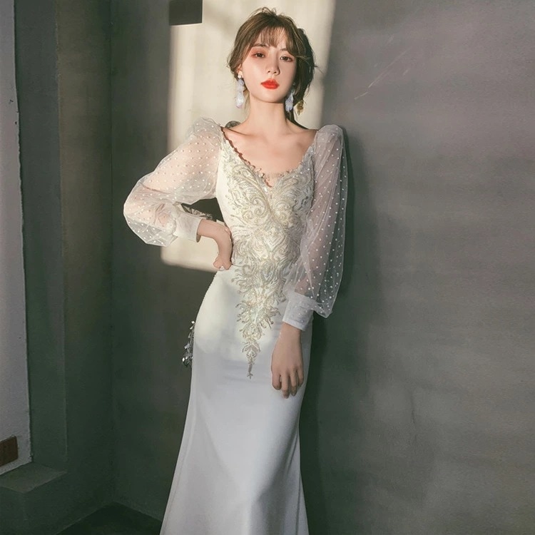 マーメイドドレス イブニングドレス サテン ドレス 白 長袖 パフスリーブ オシャレ 発表会ドレス ロングドレス Vネック スパンコール キレイめ ホワイト パーティードレス マーメイドライン 結婚式