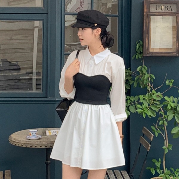 （ミニ＆ロング／スタイル補整フィット／レイヤード風）配色トップ シャツ フレアライン 2丈 ワンピース op16200