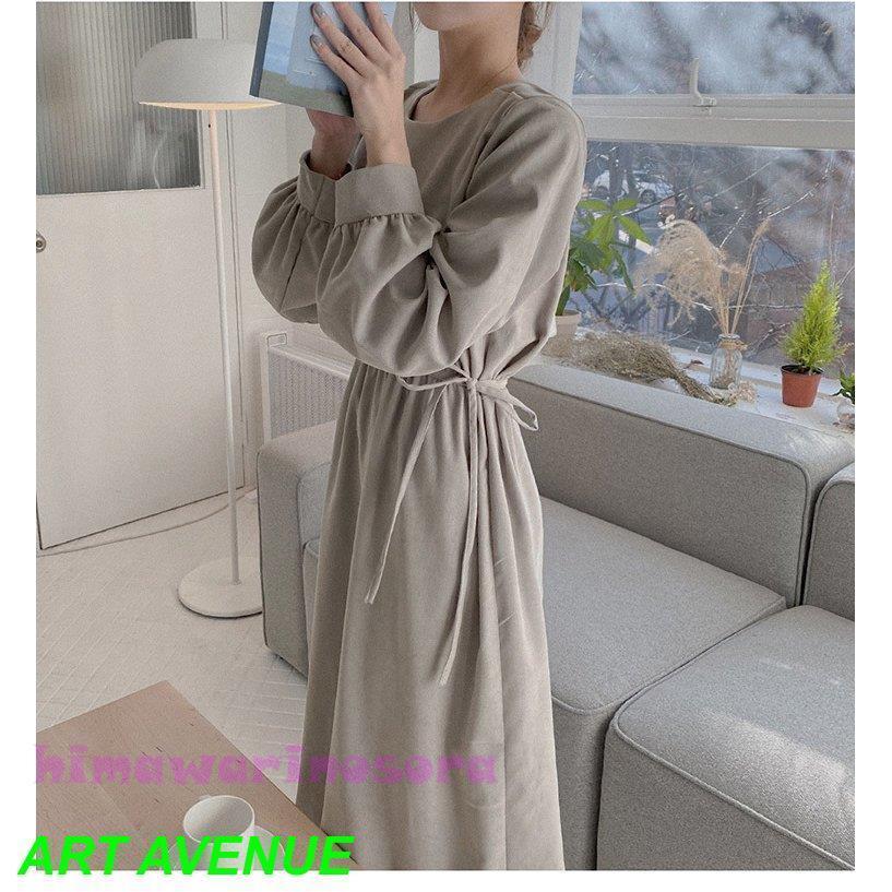 ワンピース レディース 40代 マキシンピース 春夏秋新作 きれいめ 長袖ワンピース 無地 パフスリーブ フレアスカート リボン オシャレ韓国風 大人 30代 50代