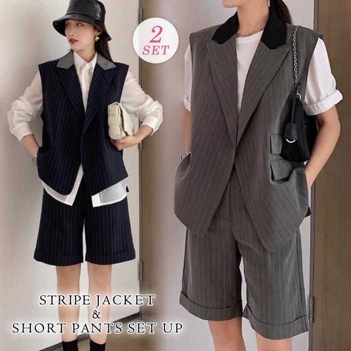 セットアップ レディース 春 冬 春冬 ジャケット 2点セット ストライプ 上下セット スーツ ノースリーブ パンツスーツ グレー ネイビー 30代 40代 送料無料 5,961円