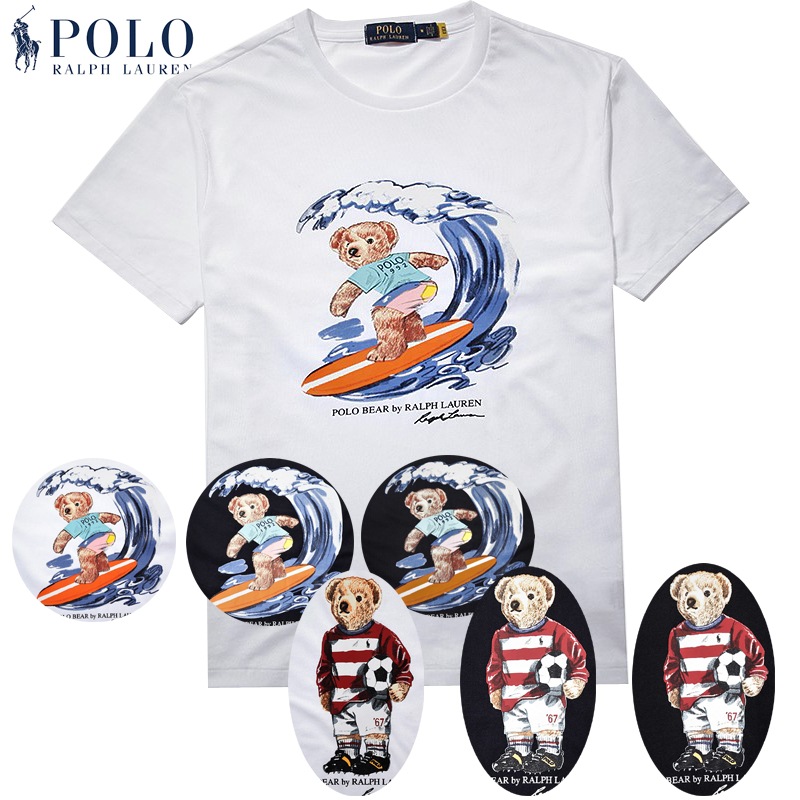 本物保証 メンズ コットン ポロベアー 限定プリント半袖Tシャツ 3カラー（ブラック / ネイビー / ホワイト） 2スタイル (Surfing ベアー) (Soccer Ball ベアー)
