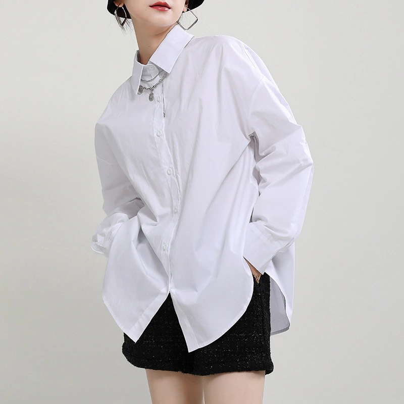 春無地トップス長袖ブラウス今っぽシアーシャツホワイト百掛け重ね着ゆとり大きいサイズ 通勤上着綿透気