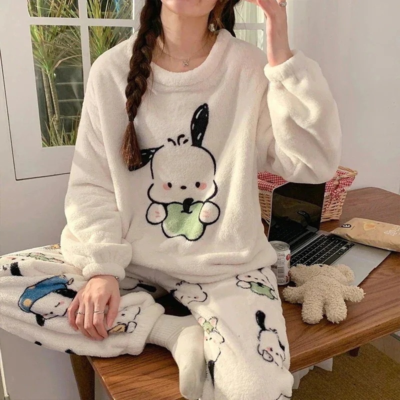 新品登場パジャマ着女性用の新作パジャマフランネル漫画ラウンドネックプルオーバー長袖甘くてかわいい女の子のホーム服屋外で着用可能 漫画コミック
