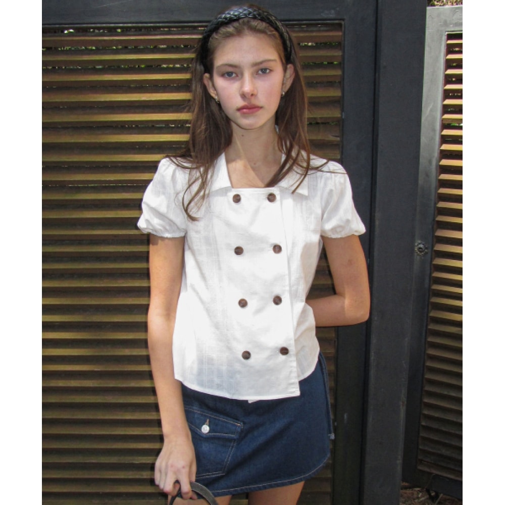 レターフロムムーンバードチェックフレアブラウス (ホワイト)