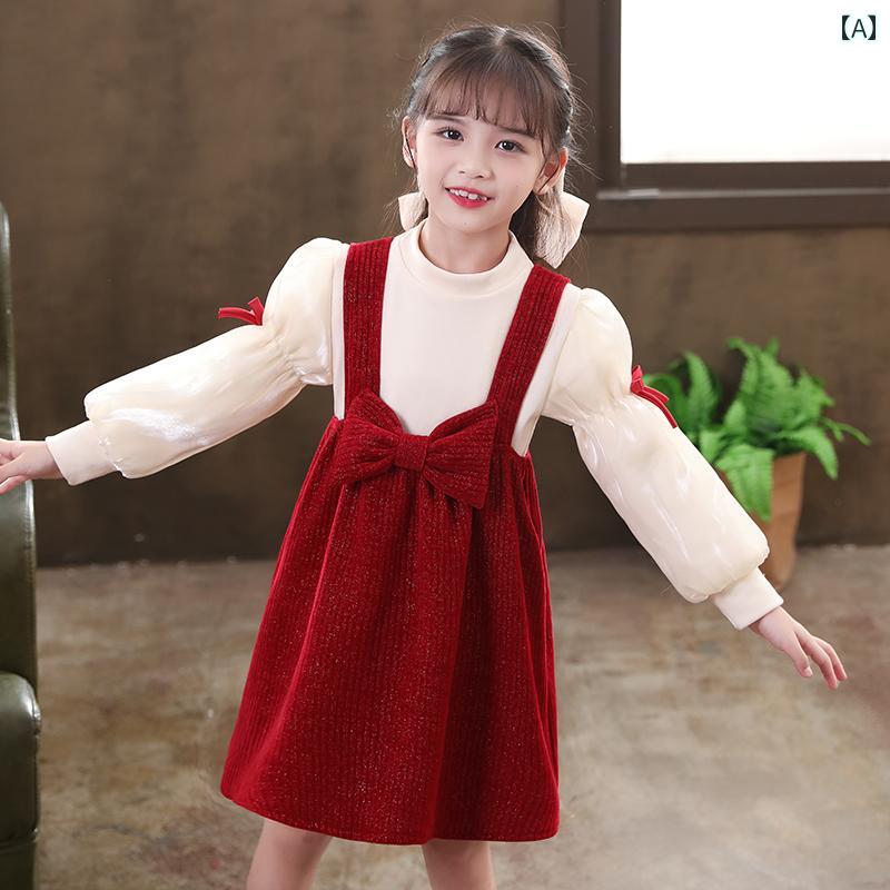 ドレス 女の子 ガール ガーリー ミニ ドレス セット プリンセス お姫様 秋冬 リボン サスペンダー フレア スカート 紅白 クリスマス会 パーティー 発表会 おかけ 衣装 厚手 5,064円