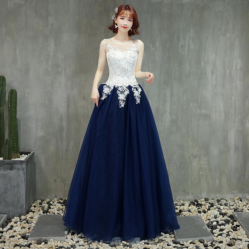 高品質 カラードレス ウエディングドレス ロングドレス 紺色 パーティードレス 演奏会 豪華 花嫁 結婚式 披露宴 謝恩会 二次会ドレス ブルー ネイビー 袖なし