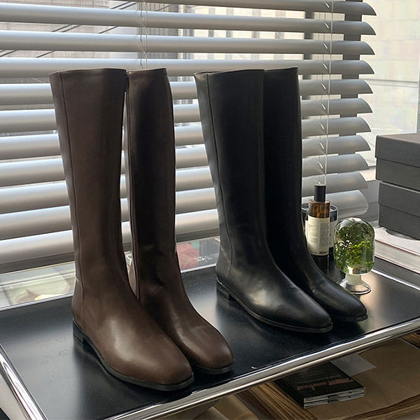 ロングブーツ スクエアトゥ サイドジップ フラット レディース