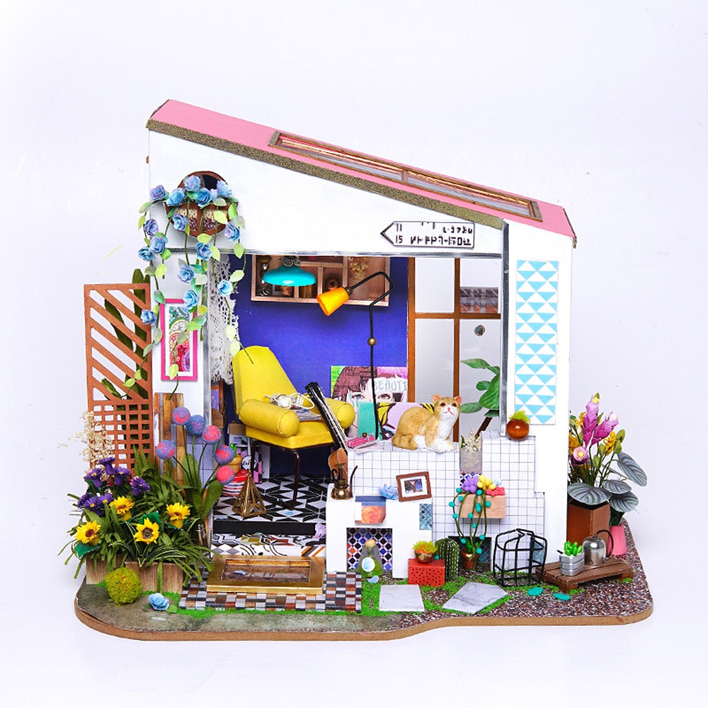 1/24 ドールハウス ミニチュア 手作りキット セット個性的で おしゃれ なお部屋 猫 グリーン フラワー LEDライト ( 猫と黄色いソファ )