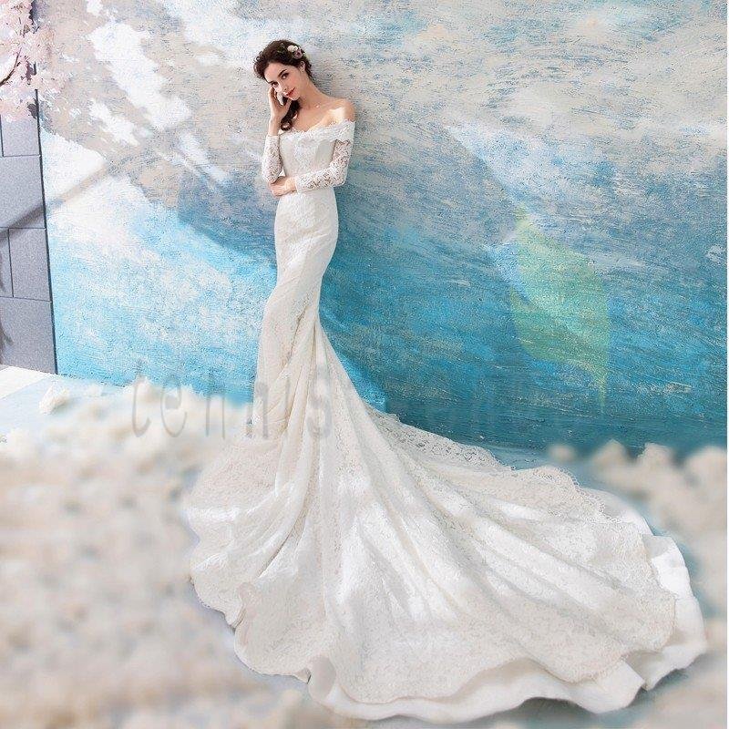 ウェディングドレス 白 袖あり マーメイドライン 結婚式 安い 大きいサイズ パーティー 二次会 花
