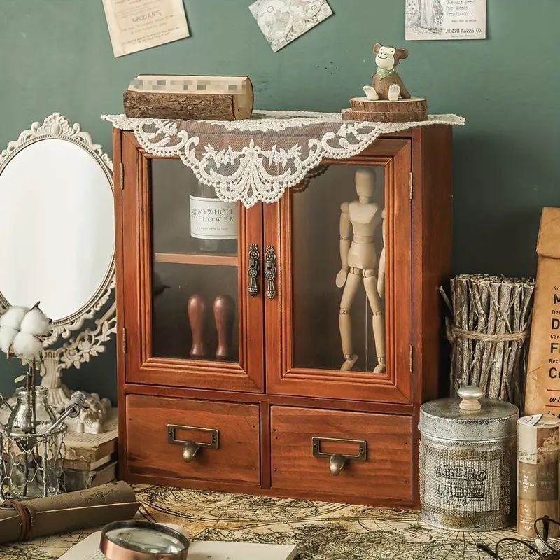 収納キャビネット ヴィンテージ おしゃれ インテリア 両開き レトロ調 アンティーク 多機能 大容量 小物収納 ディスプレイ シェルフ カフェ風 ブラウン