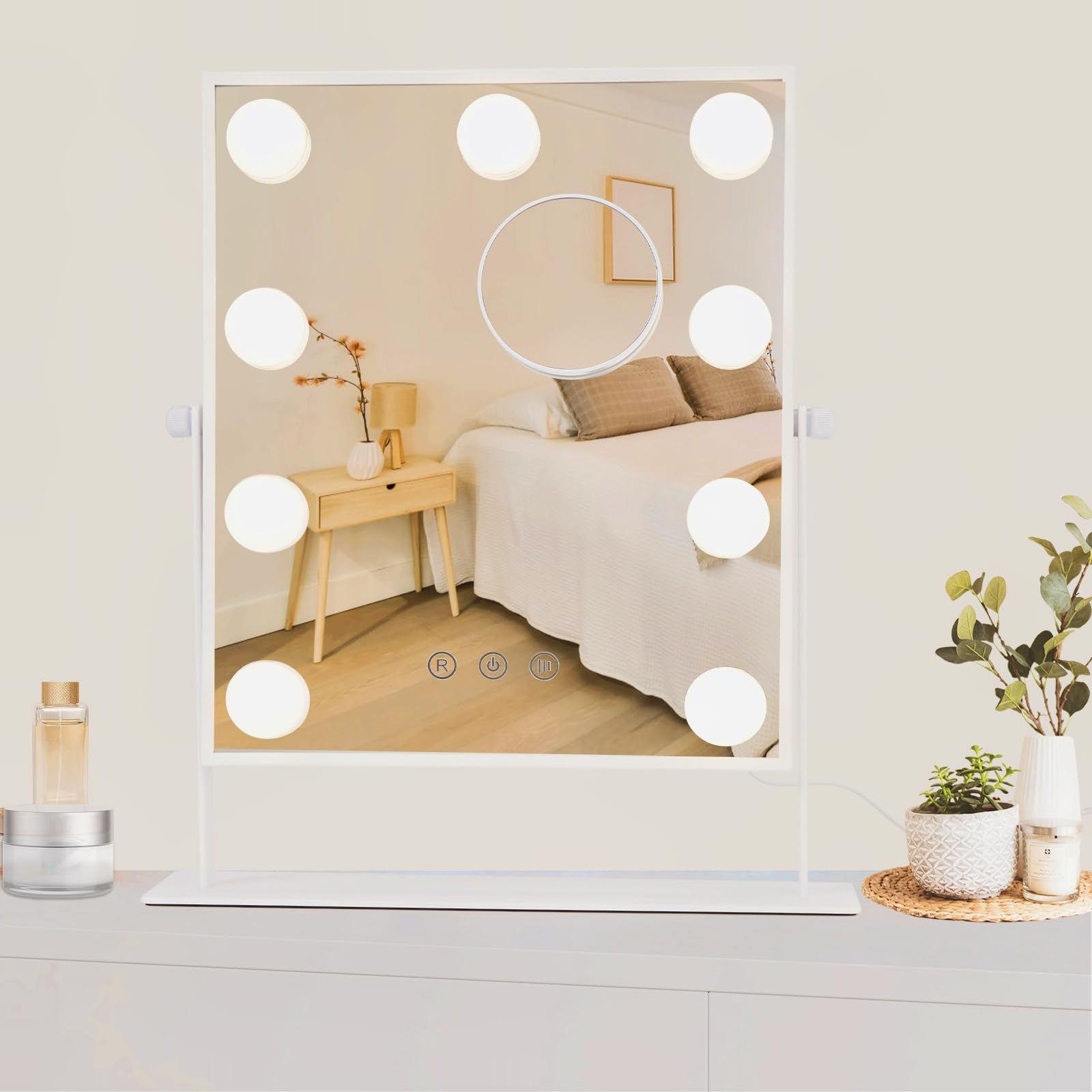 ガービー（Garvee） 女優ミラー 卓上ミラー 化粧鏡 ハリウッド LED電球9個付き 10倍拡大鏡付き 組立不要 無段階調光 3色調色 360度回転 （25×30cm）