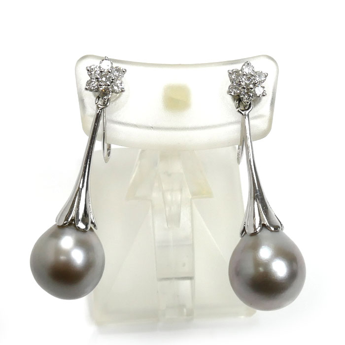 K14WG ホワイトゴールド イヤリング パール約9.7mm ダイヤモンド 5.3g ネジ式 レディース 中古