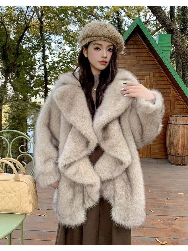 フリル不規則ルーズファーオールインワン秋冬イミテーションフォックスファーミドル丈ラージラペルコート