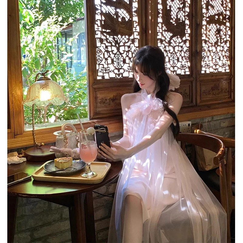 【急速出荷!】2025 新作 ワンピース 夏 半袖 長袖ワンピース ロングワンピース ロング シフォンワンピ ベアワンピ レースワンピ ドレス パーティードレスフレンチホルターネックスリングドレス妖精