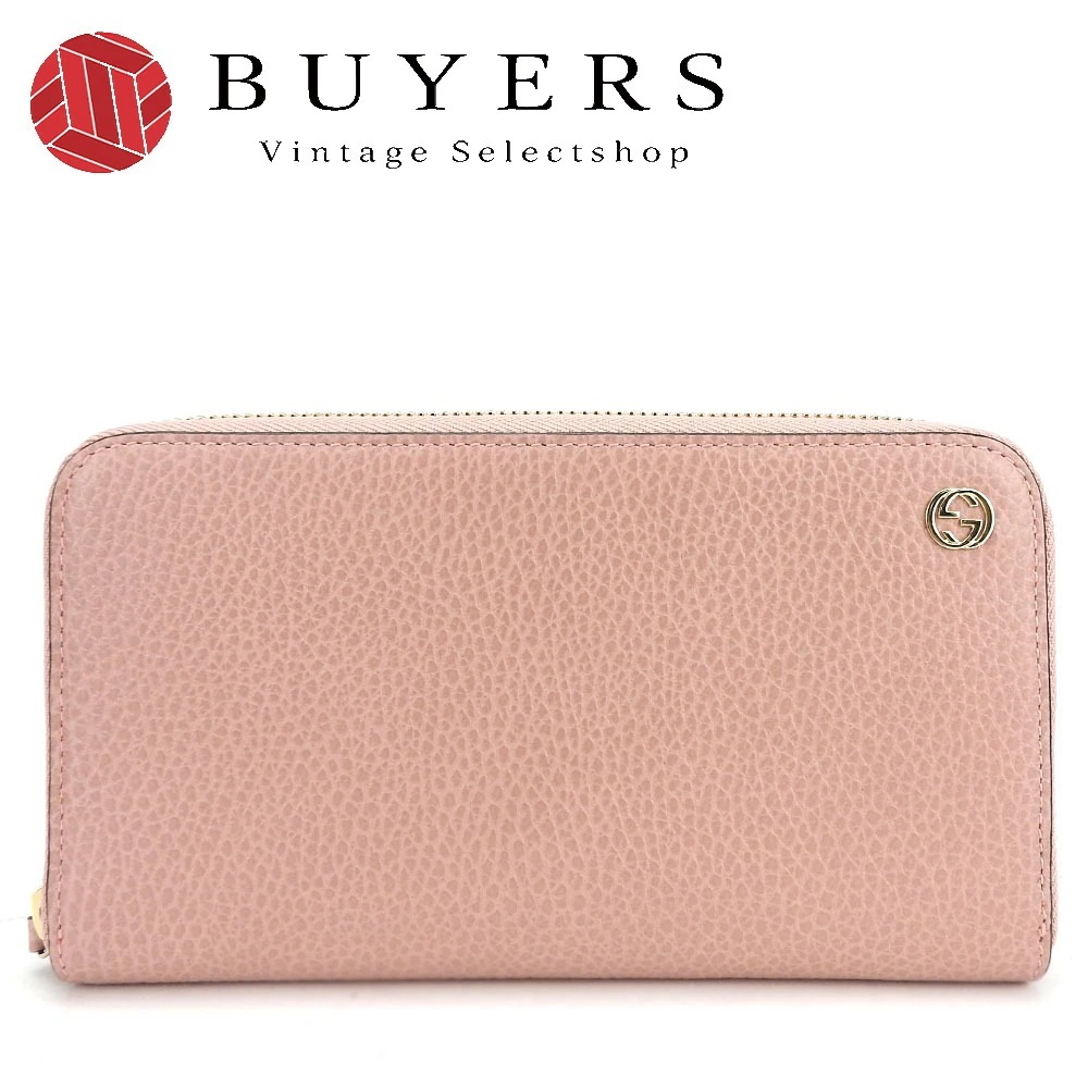中古 長財布 449347 インターロッキング レザー ピンク ゴールド金具 ラウンドファスナー ジッピー 小物 レディース 女性