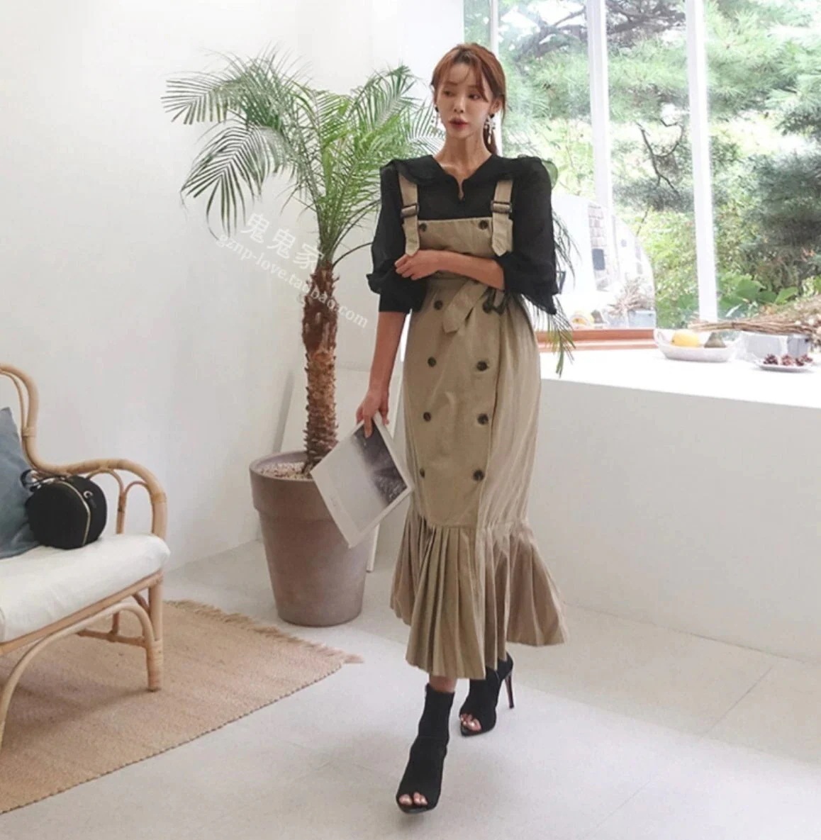 ダブルボタン トレンチ風 プリーツワンピース レディース ノースリーブ トレンチ ワンピース フロン