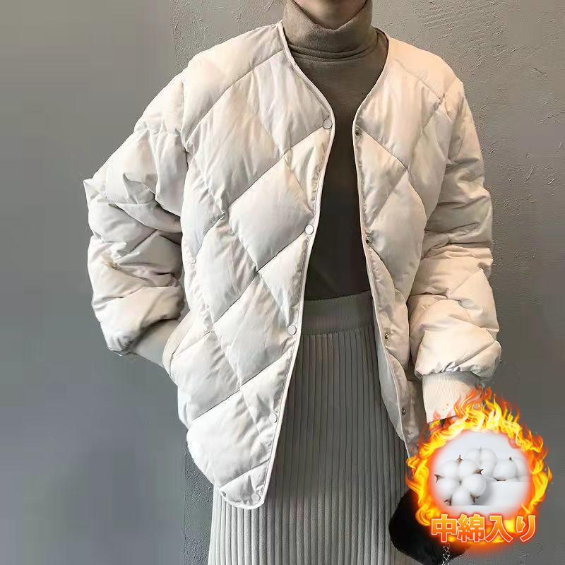 中綿コート中綿ジャケットダウンコートレディースショート丈コートノーカラークルーネック秋冬保温防寒キルティングダウン防風ボタンダウン