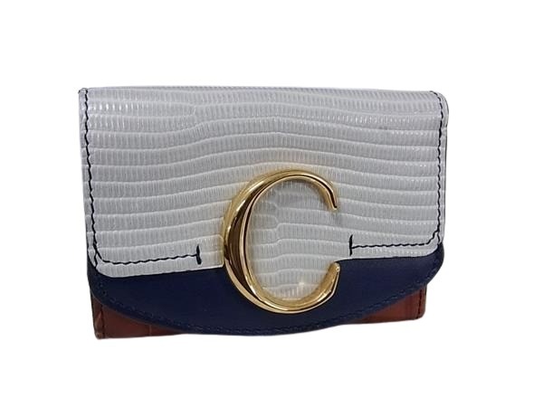 クロエ 財布 CHLOE C クロコダイル型押しレザー CHC19WP058C0126K 三つ折り財布 ゴールド金具 グレー ネイビー ブラウン ミニ財布 コンパクト【本物保証】