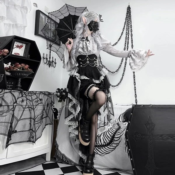 ロリータ コスム ハロウィン ブラウス スカート パンツ スケルトン風 レトロ風 リボン フィッシュテール レディース ゴスロリ 暗黒風 ロリィタファッション 長袖 フリル コスプレ 衣装 洋服