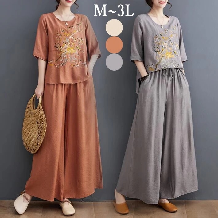 セットアップ　2点セット　花柄　刺繍　リネン　麻　ブラウス　パンツ　ワイドパンツ　半袖　フィッシュテール　前後差　ウエストゴム　レディース　スリット　大きいサイズ　夏　M　L　2L　3L今日は30パー