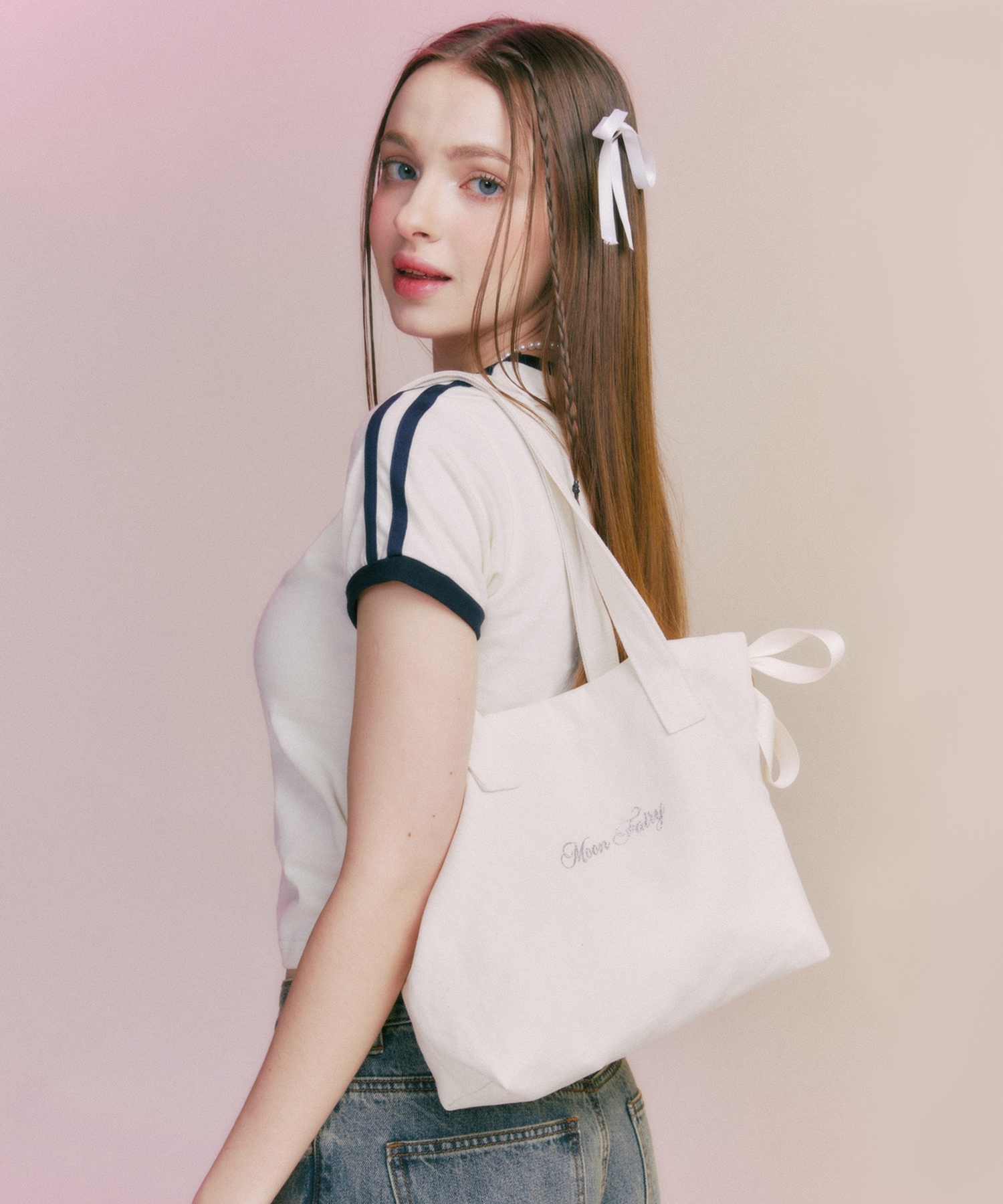 MF SHU SHU RIBBON TOTE BAG-CREAM
