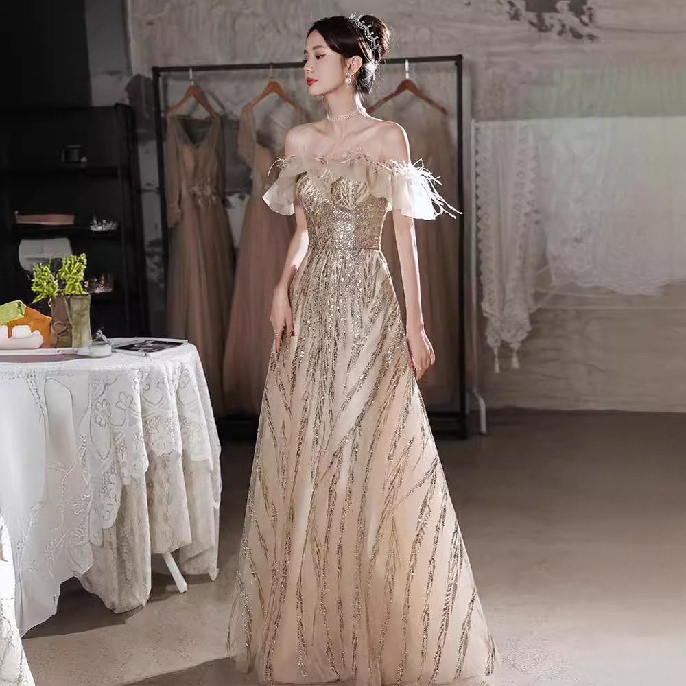 スパンコールイブニングドレス女性2024宴会パフォーマンスウェア誕生日シャンパンカラーホストドレス
