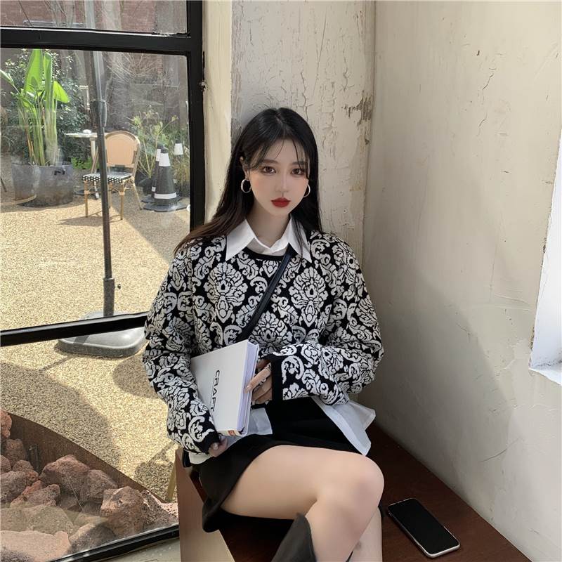 ラウンドネック セーター レディース トップス セーター 袖あり 長袖 ショート丈 ウール 大人 可愛い きれいめ シンプル カジュアル ルーズ レトロ 花柄 フラワー 黒 秋 冬 大人可愛い 韓国