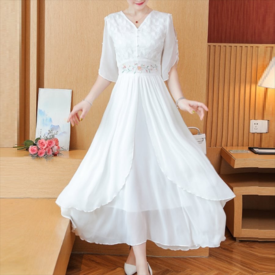 ロングドレス 半袖 体系カバー マキシ丈 エレガント 夏 30代 40代 ママ服 レディースファッション 可愛い お出かけ 女子会 デイリーユース お茶会 お呼ばれ 中国風 チャイナ風