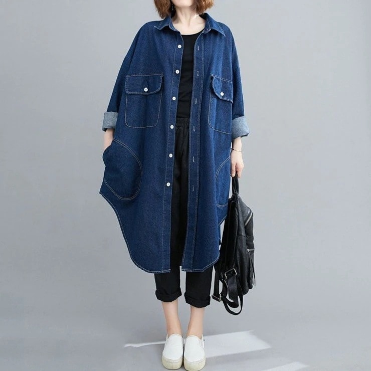 大きいサイズ レディース デニムシャツコート デニムワンピ ロングジャケット 前開きダークブルー 新