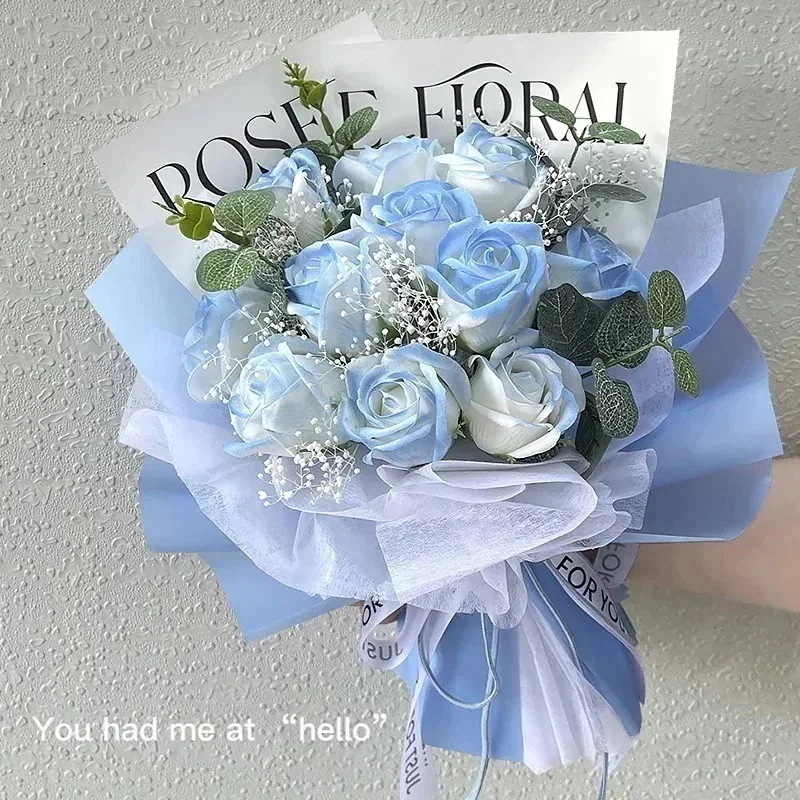 【10点セット】追加 砕いたアイス ブルー ソープ フラワー 完成したブーケ バラの花 ギフト バッグ バレンタインデー サプライズ ギフト ソープ フラワー ガールフレンドへ24