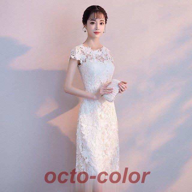 総レース 発表会ドレス パーティードレス ミモレ丈ドレス レース 透かし彫り Aライン 30代 40代 着痩せ 演奏会 袖あり 5分袖 結婚式 二次会 お呼ばれ