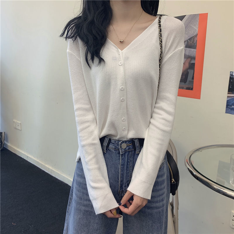 カーディガン uvカットアイスシルク薄手アウターシャツ23初新作ホワイトvネック長袖ニット日焼け止めカーディガンレディース 韓国ファッション
