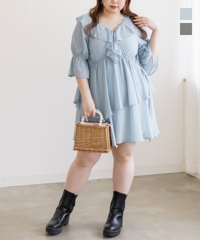 大きいサイズ レディース LL 3L 4L XL XXL XXXL CLETTEオリジナルシアーフリルチュニックブラウス