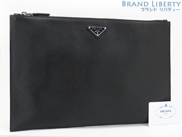 ほぼ新品プラダサフィアーノトライアングルドキュメントケースクラッチバッグセカンドバッグブラック2NG001