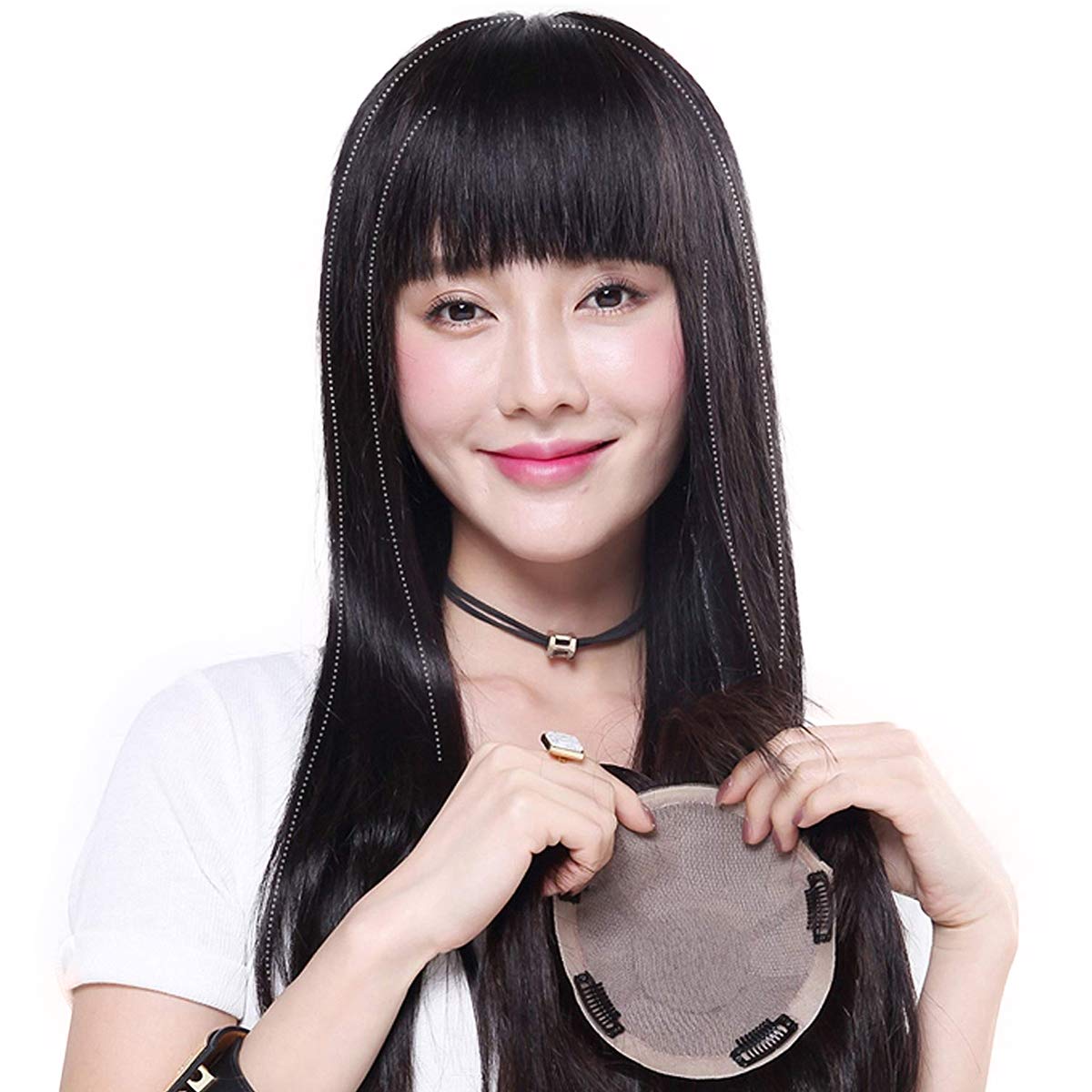 [Dreambeauty] レディース部分ウィッグ 横１2cm＊縦１3cm ヘアーピースストレートのロングヘア 自然 医療用100％人毛 総手植えネット肌色 人工皮膚 通気性 抗菌ネット白髪 薄毛隠す