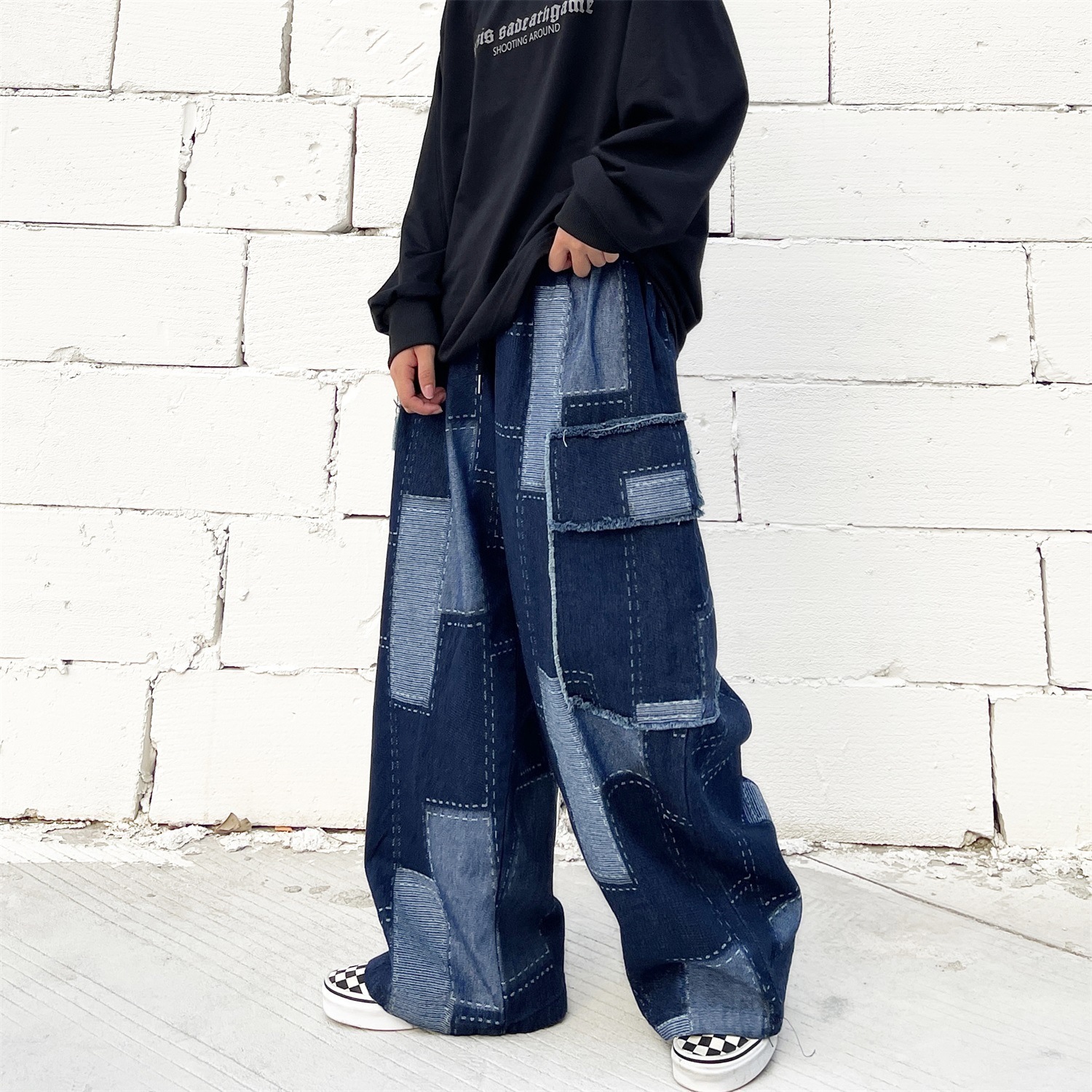 デニムパンツ ハイウエスト ワイド ルーズ ウエストゴム ダボダボ パッチワーク パッチあて パッチつなぎ ロング丈 レディース