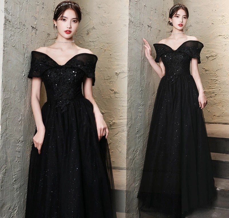 イブニングドレス 黒 オフショルダー ロングドレス 発表会ドレス ブラック ビーズ キラキラ キレイめ パーティードレス 結婚式ドレス 二次会ドレス ワイン赤 演奏会ドレス コンサート コンクール ロ
