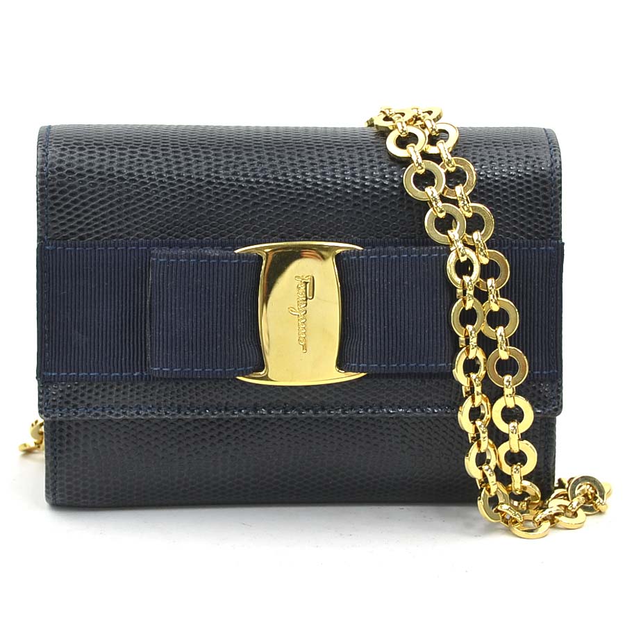 サルヴァトーレフェラガモ Salvatore Ferragamo ショルダーバッグ ヴァラリボン 型押しレザー ネイビー レディース 56652k