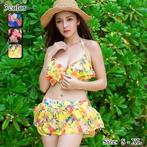 【グラシア】 水着 ビキニ レディース ビーチウェア スイムウェア 流行 海 プール ビビッドカラー フリル ふんわり 花柄 華やか 胸元 ブルー ブラック イエロー S M L ビキニ 5,185円