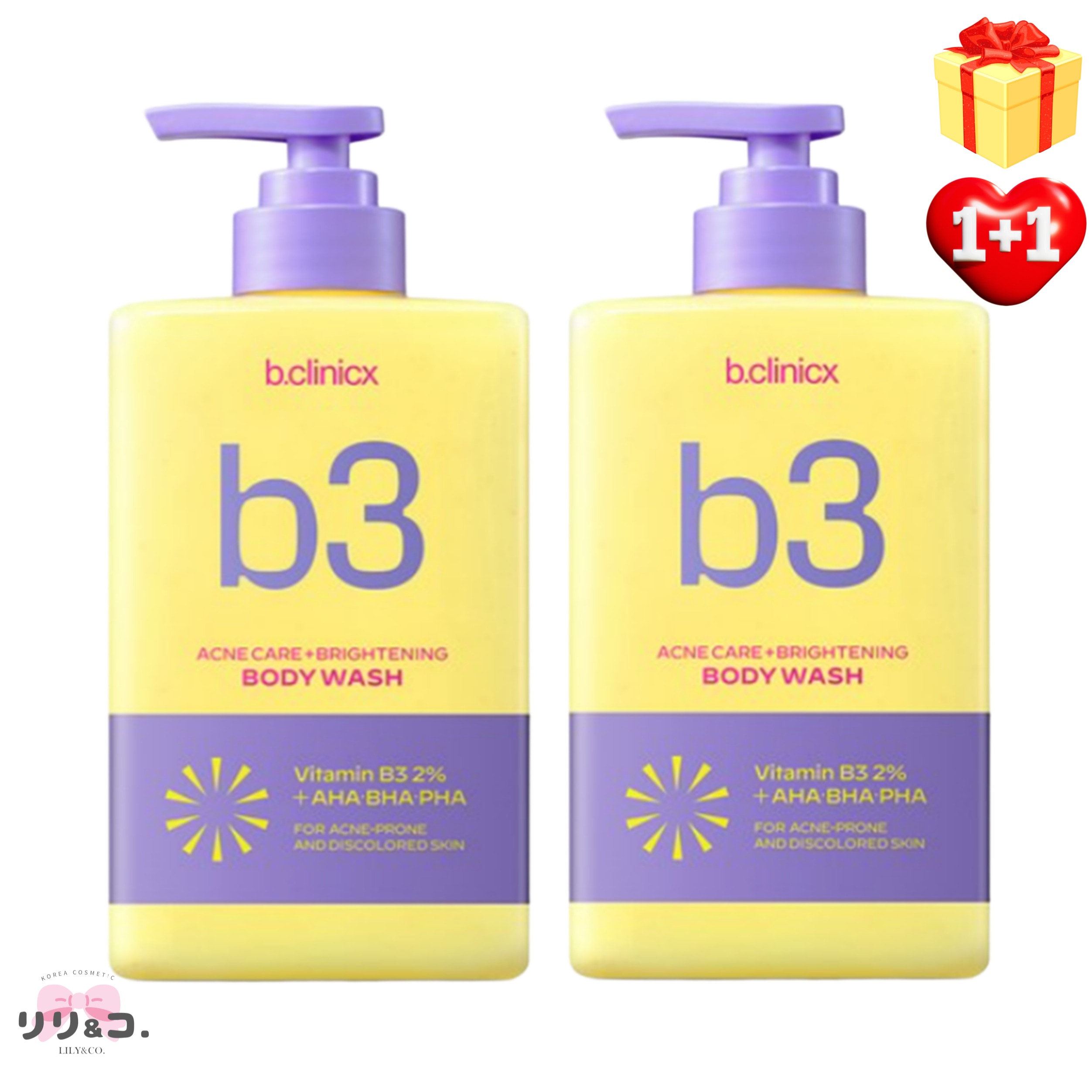 [企画商品 人気 大容量 1+1] B3 アクネクリア ボディウォッシュ500ml+500ml 計2本 セット敏感肌 角質 ボディーソープ 背中ニキビ 角質ケア ナイアシンアミド ボディケア