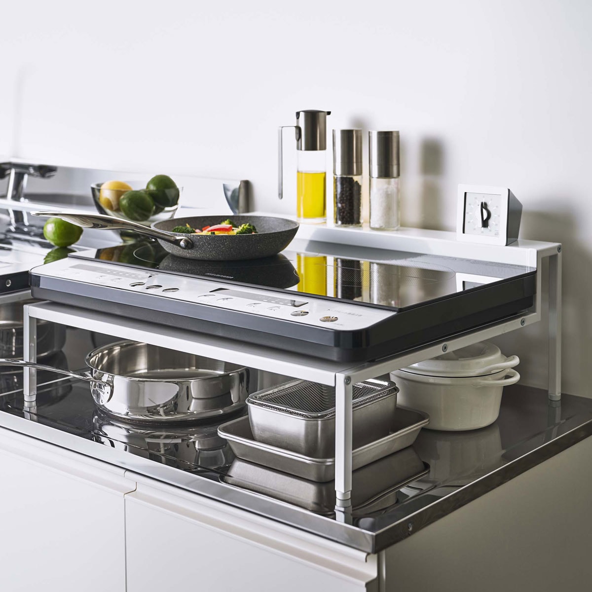 収納アイデア 山崎実業 TOWER タワー 棚付きIHクッキングヒーターラック ホワイト