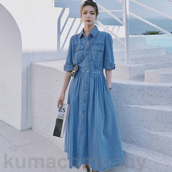 ワンピース ドレス デニム 袖あり シャツワンピ エレガント レディース きれいめ カジュアル おしゃれ 五分袖 大人 可愛い フェミニン ミモレ丈 シャツワンピ 体型カバー ウエストゴム シンプル