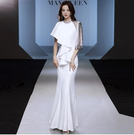 イブニングドレス ハイエンド ワンピース 袖あり 半袖 5分袖 五分袖 マーメイド フリル 快適 着心地 かわいい 大人可愛い きれいめ シンプル 大人 上品 おしゃれ お洒落 大人女子 こなれ感