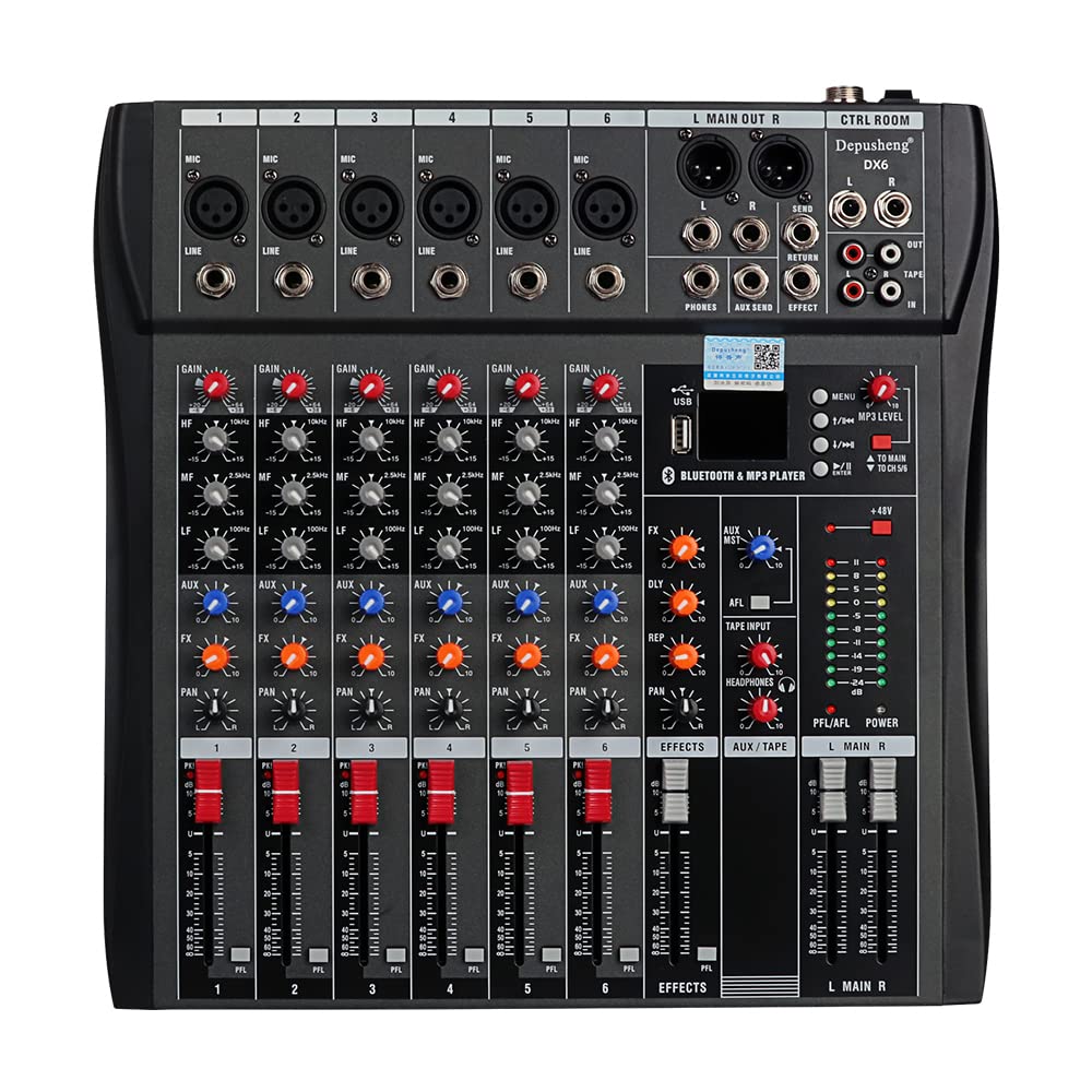 DJ Sound ControllerインターフェースW / USBドライブコンピュータの録音6チャネルスタジオオーディオミキサー - XLRマイクジャック48Vの電源RCAの入出力-Depushen