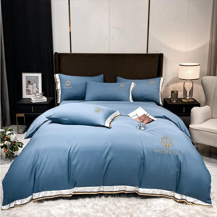 無地 シンプル 布団カバーセット セミダブル ダブル 北欧風 オシャレ 掛け布団カバー ベッドカバー フラットシーツ 通気 ボックスシーツ 刺繍 高級感 シルク風