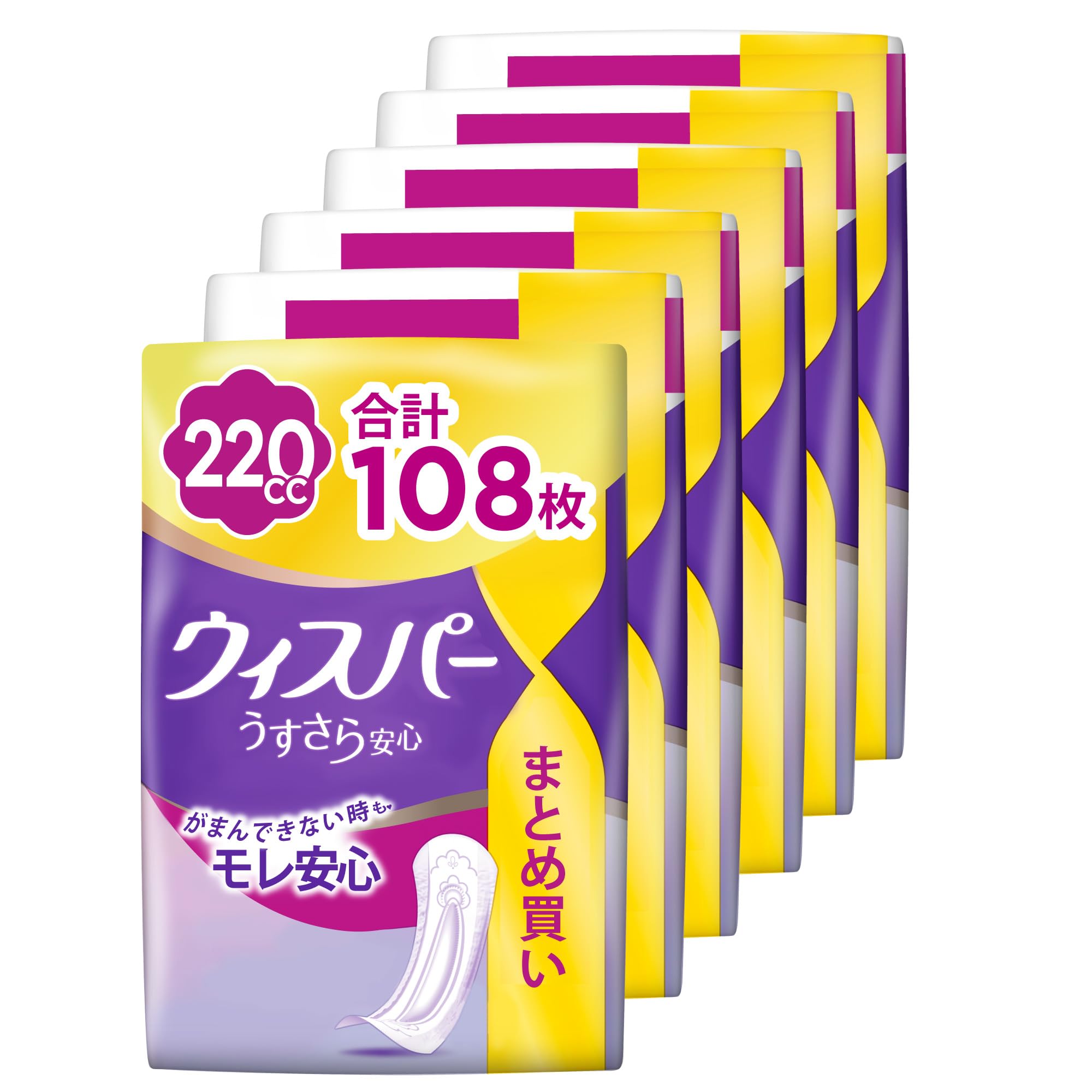 WHISPER ウィスパー うすさら安心 220cc 35cm 108枚(18枚×6パック) (女性用 吸水ケア 尿もれパッド)【特に多い時も安心用】