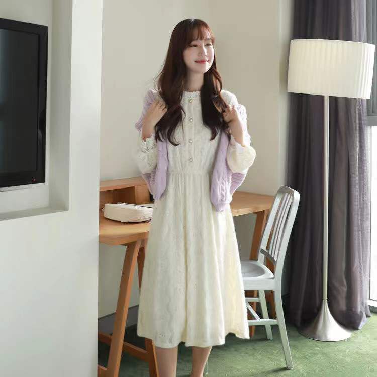 ワンピース レディース 40代 きれいめ マキシワンピース 春秋 長袖ワンピース 白レース aライン